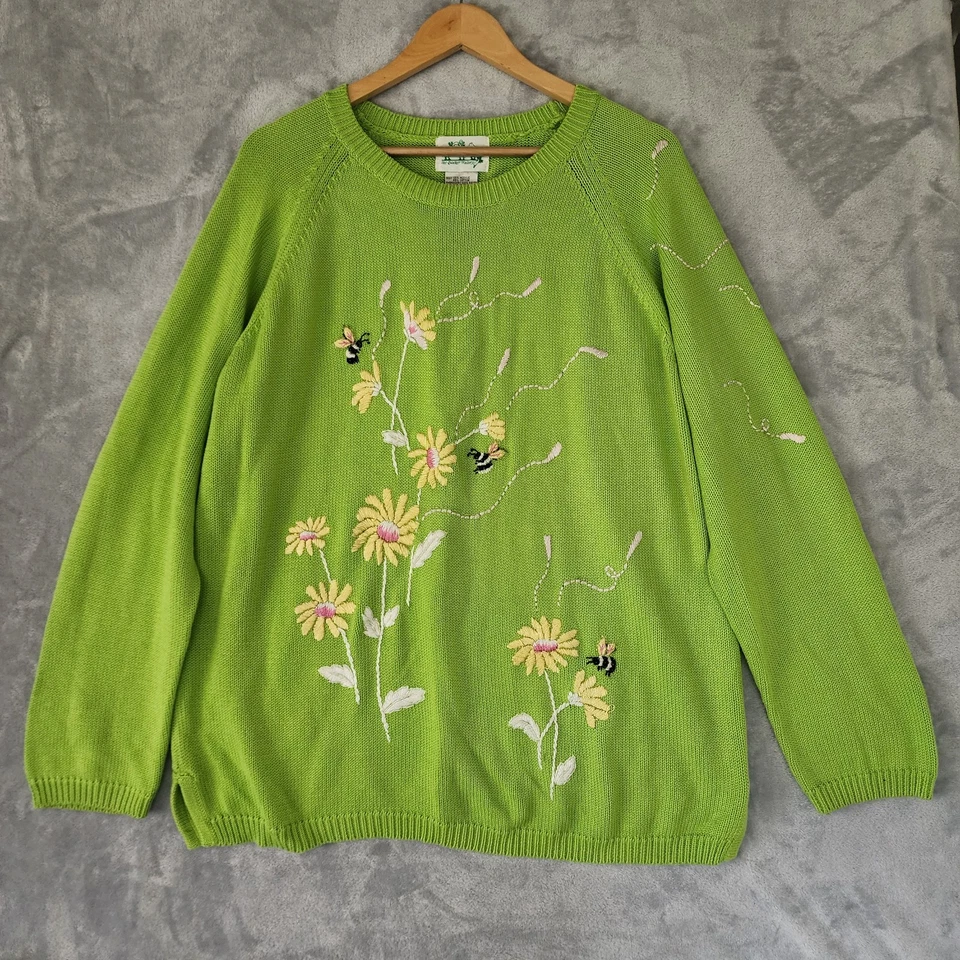 Vintage Quacker Factory Sweater Womens Large Embroidered Flowers Bumble Bees - Image 2 of 4