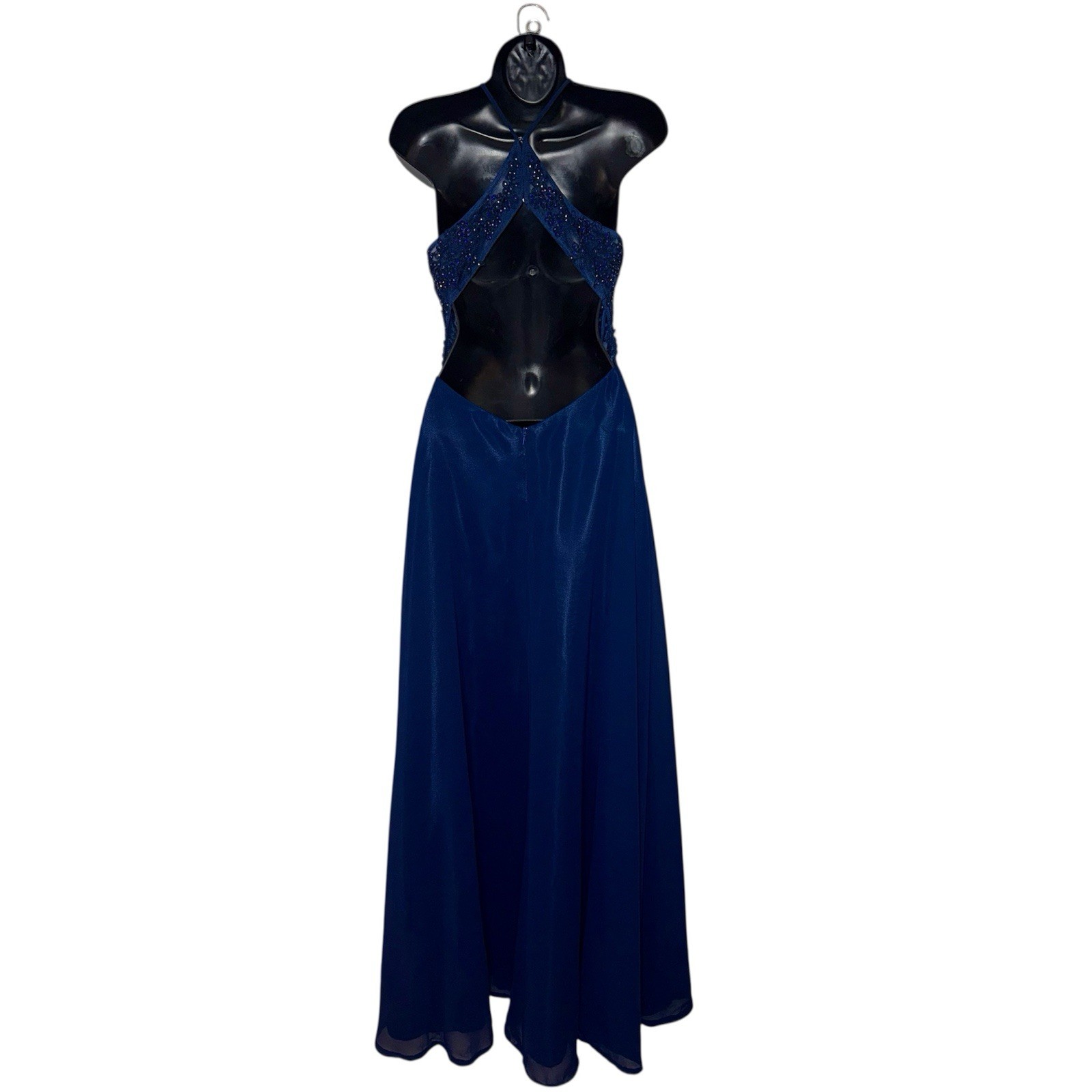 Blondie Nites Dark Blue Beaded Formal Dress Floor Length