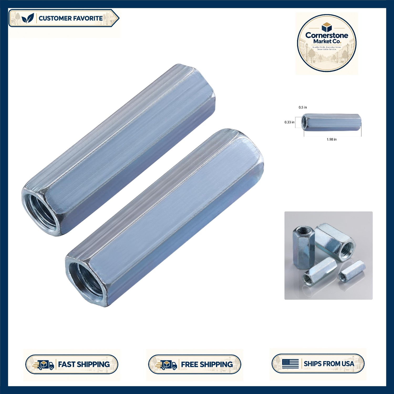 Extended Hexagon Coupling Nuts 3/8''-16 - 100 PC Zinc Plated Set for Reliability