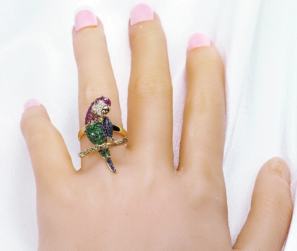 18K BIRD, PARROT, MACAW, RING, MULTI GEM, RUBY SAPPHIRE DIAMOND, YELLOW GOLD - Image 3 of 4