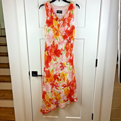 Vintage Women's John Roberts Women's Orange Ruffle Floral Lined Dress Size 8 e 