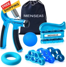 Grip Strength Trainer 7 Pack Adjustable, Finger Stretcher Resistance Blue 
