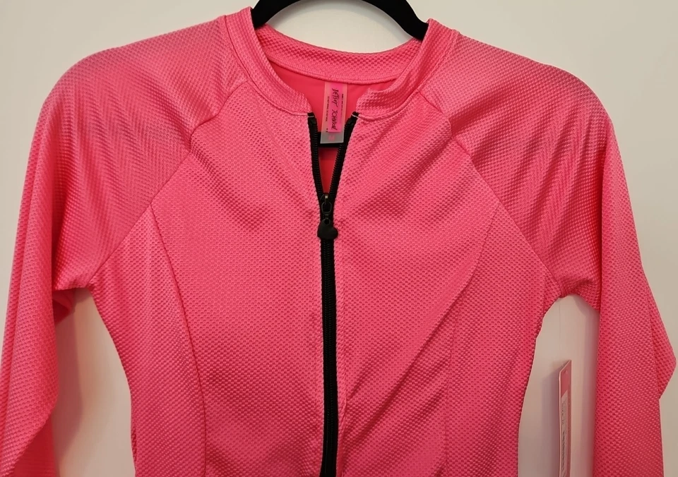 ¡NUEVO CON ETIQUETAS! Traje de baño Betsey Johnson para mujer manga larga buceo cremallera rosa intenso M $128 Foto 4 de 4