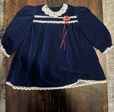 Vintage Allison Ann Navy Blue Velvet Lace Bow A-Line Dress 18M Long Sleeve