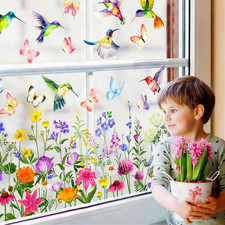 9 Pcs Spring Window Clings Double Sided Watercolor Floral,Hummingbird,Butterf...