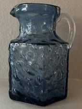 Vintage Blue Art Glass w/ Clear Handle Pitcher Vase w/ Pontil Mark Bumpy Look