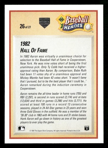 1991 Upper Deck Hank Aaron Baseball Heroes - Bild 18 von 20