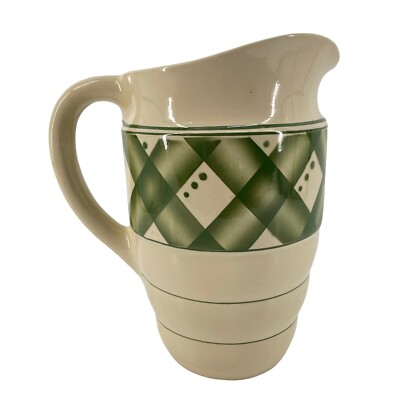 Vintage Signed ''Bruno'' Water Tea 11'' Pitcher Pottery Tartan Beige Ceramic Plaid