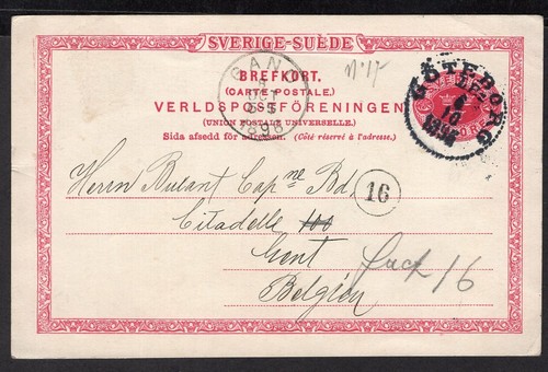 465 TARJETA POSTAL DE PAPELERÍA DE SUECIA A BBÉLGICA PS 1896 GOTEMBURGO - GAND