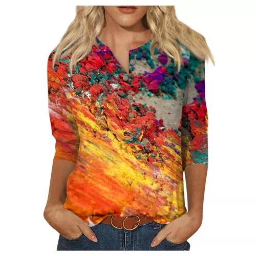3/4 Length Sleeve Womens Tops Casual Loose Fit V-neck Shirts Floral Tunic Tops - Picture 35 of 51