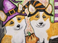 PEMBROKE WELSH CORGI Witches 4x6 Dog Art Print Signed by Artist KSams Halloween