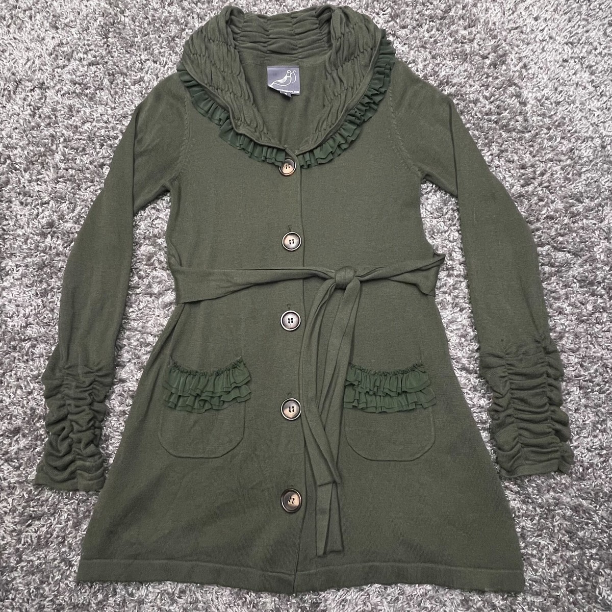 Knitted Dove Sweater Dress Womens Small Olive Green Long Sleeve Button Front
