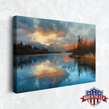 Fiery Sunset Reflected in Mountain Lake Wall Art, Home Decor Canvas Print Poster