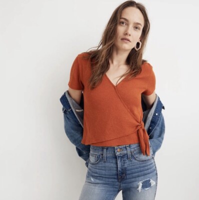 Madewell Texture & Thread Wrap-Tie Short Sleeve Cropped Orange Top Size Medium