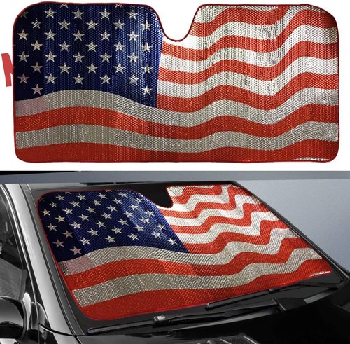 American Flag Windshield Sun Shade - UV Protector Keeps Car Cool (63"x 28.5")