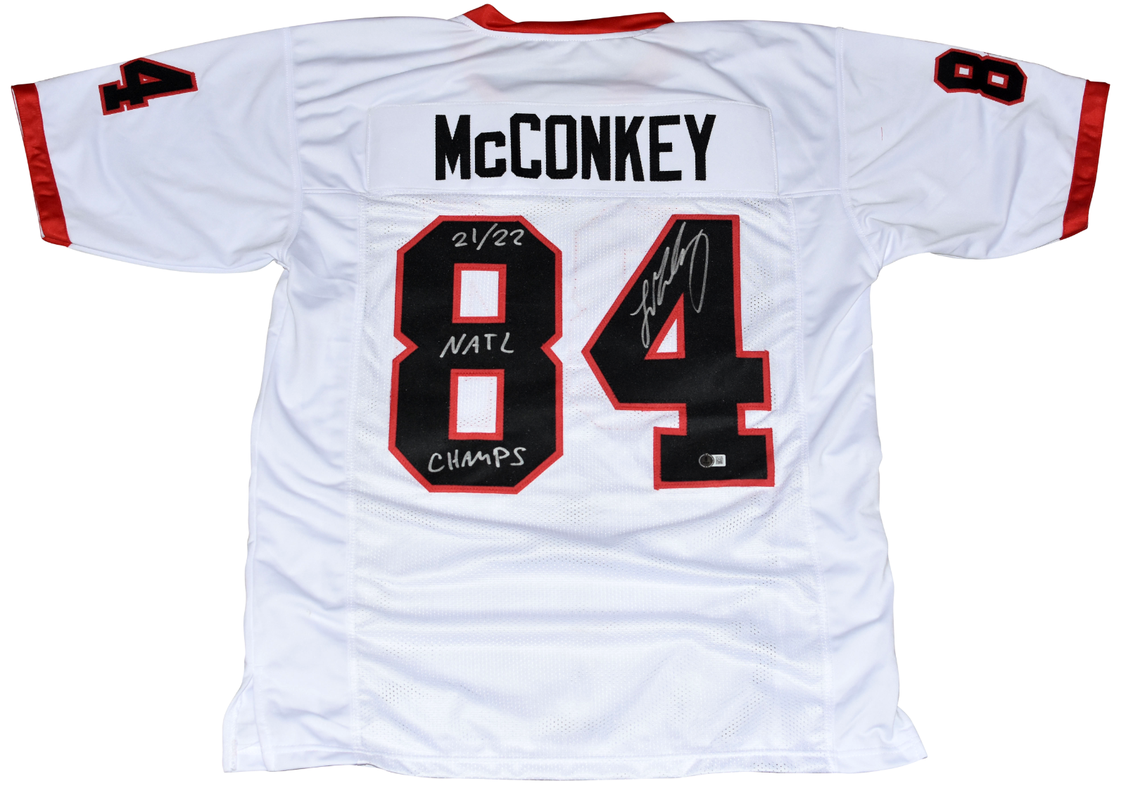 Ladd McConkey Autographed Signed Georgia Bulldogs #84 WHITE JERSEY + 21/22 NATL CHAMPS 
