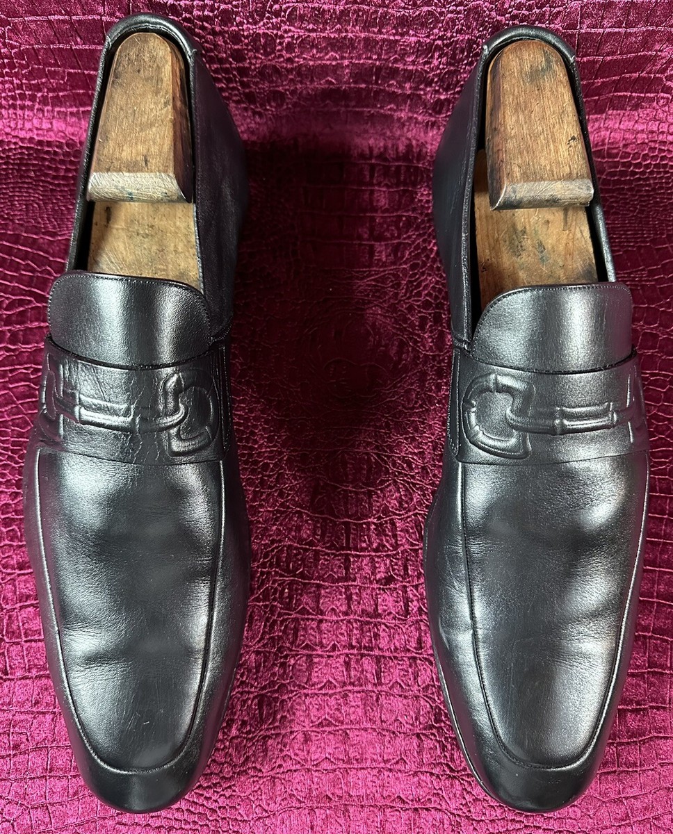 $760 Mens Black Leather Gucci Embossed Bamboo Bit Loafers Sz  display picture 3