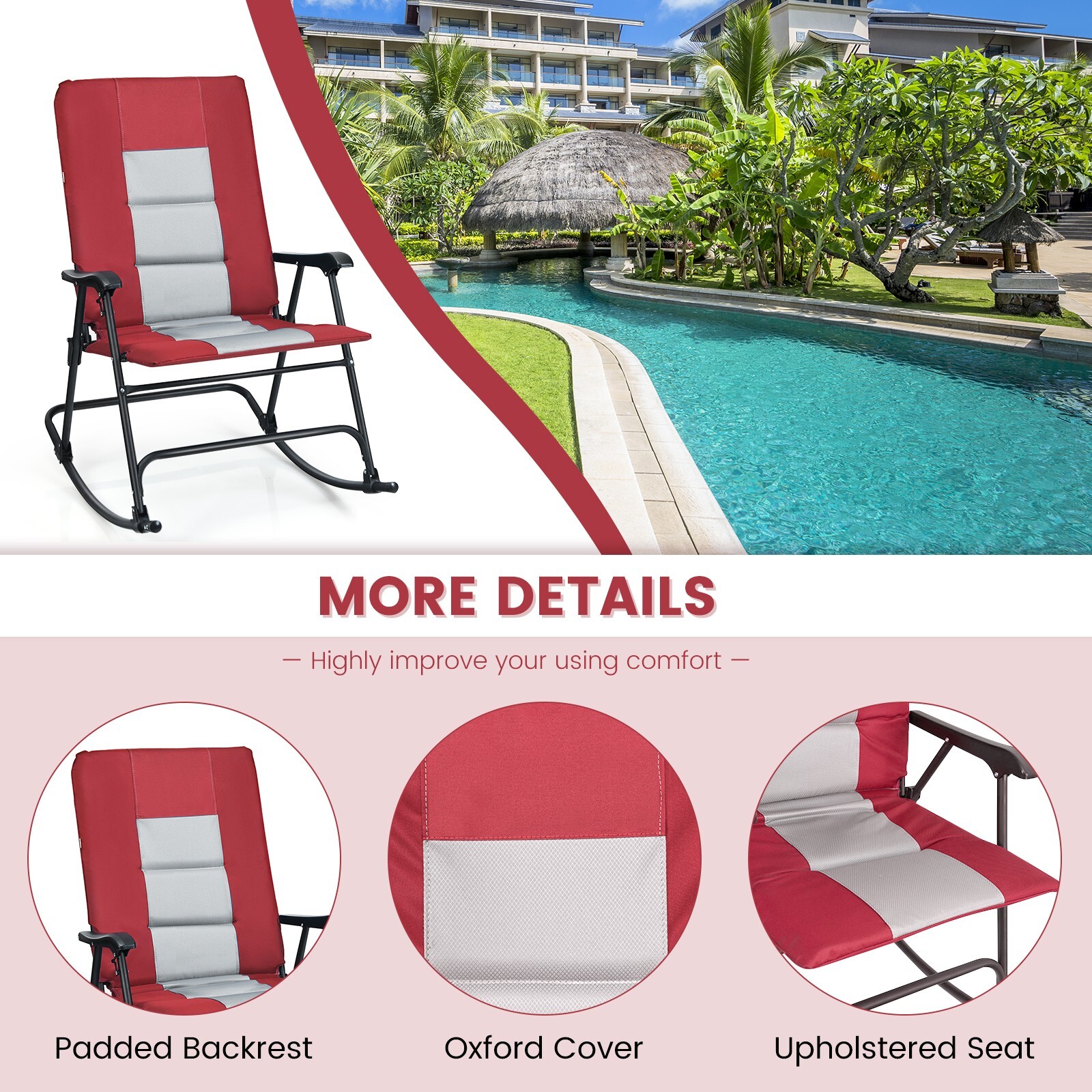 2PCS Foldable Rocking Chair Oversized Camping Rocking Chair Padded Lawn