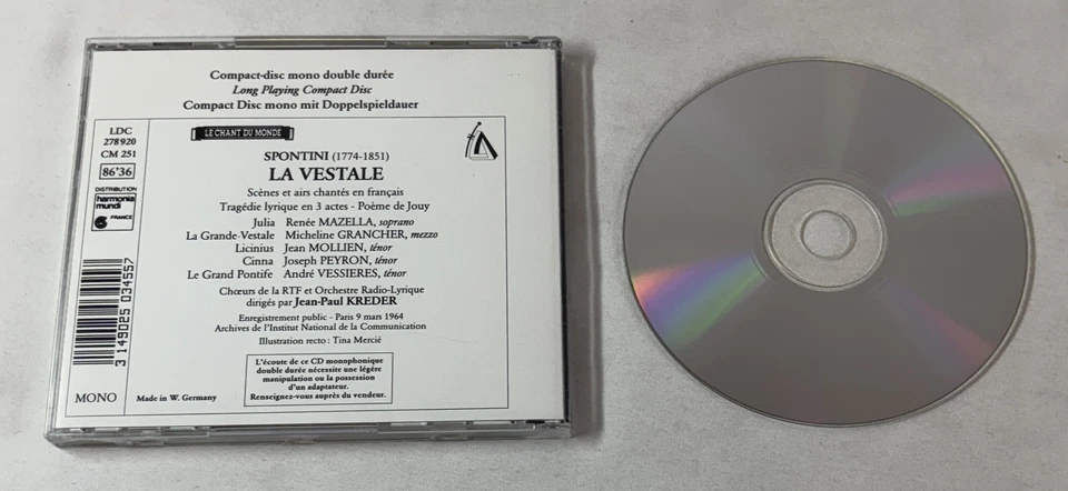 CD ~ Jean-Paul Kreder SPONTINI- LA VESTALE Renee Mazella, Micheline Grancher Foto 2 de 2