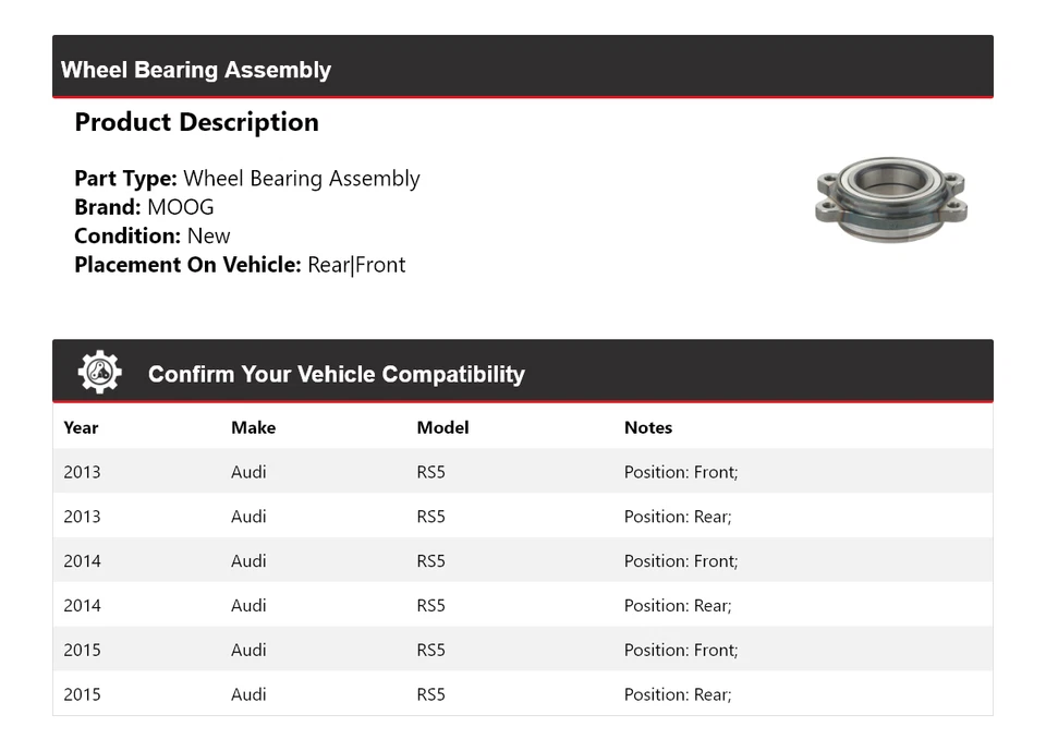 Conjunto de cojinete de rueda para Audi RS5 2013-2015 MOOG 2013 2014 2015 Foto 2 de 4