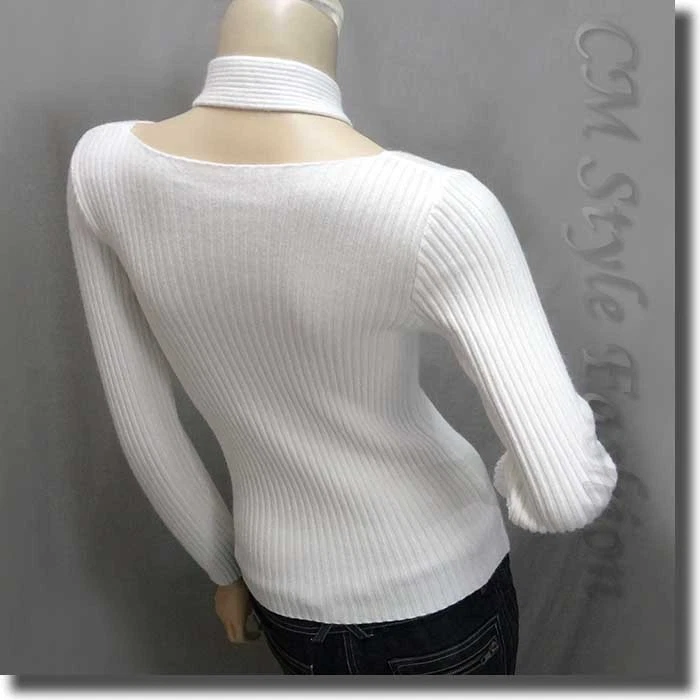Sexy Blusa Top Cuello Halter Mangas Largas Patrones Retorcidos Blanco XS~S Foto 4 de 4