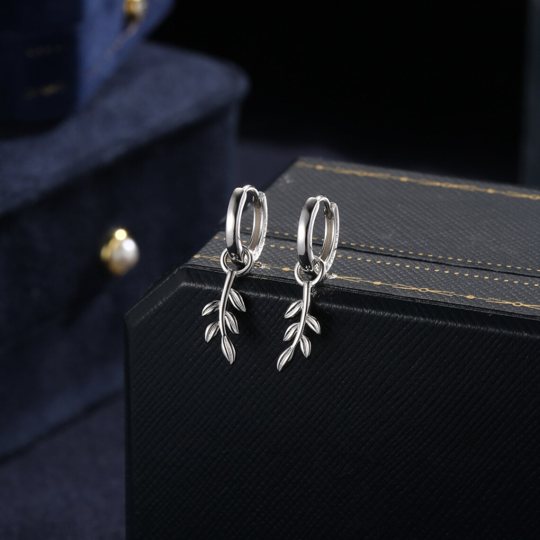Leaf Charm Huggie Hoop Earrings in Sterling Silver - Elegant Stylish Jewelry Gift for Women