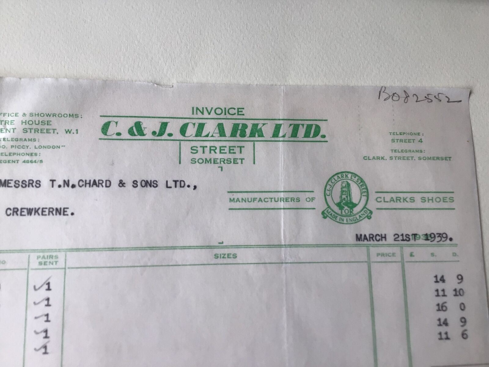 Clarks Safe for Growing feet  British Shoe Manufacturers 1939 Invoice Ref 56148