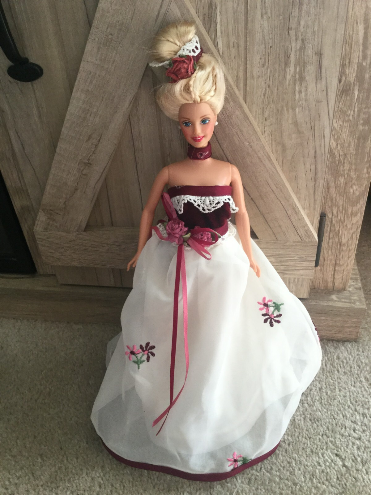 1998 Mattel Barbie Doll in Handmade Victorian Cream Dress & Hair Piece