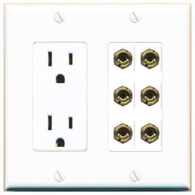 RiteAV 6 Banana 3 Speaker Surround Female Coupler Wall Plate Outlet [White]