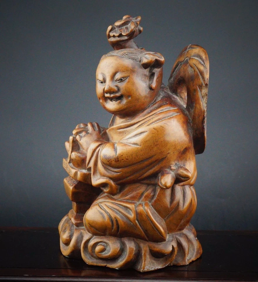 Chinese Qing Dynasty Wood Statue Of Taoist Boy Immortal 清代红木雕塑刘海 - Image 2 of 4