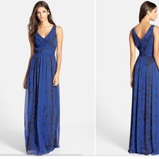 Adrianna Papell Printed Ruched Gown Royal Blue and Black Surplice V-Neck size 2