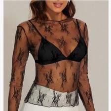 Black Lace Sheer Long Sleeve Boatneck Top Sz L NWT