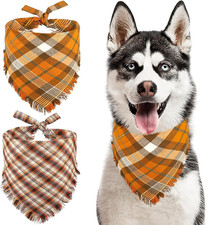 Thanksgiving Fall Dog Bandanas 2 Pack, Autumn Dog Bandana Large, Orange Plaid Pe