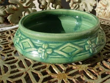 Vintage Mid Century Green Glazed Yelloware Bulb Bowl  Flower and Diamond Pattern