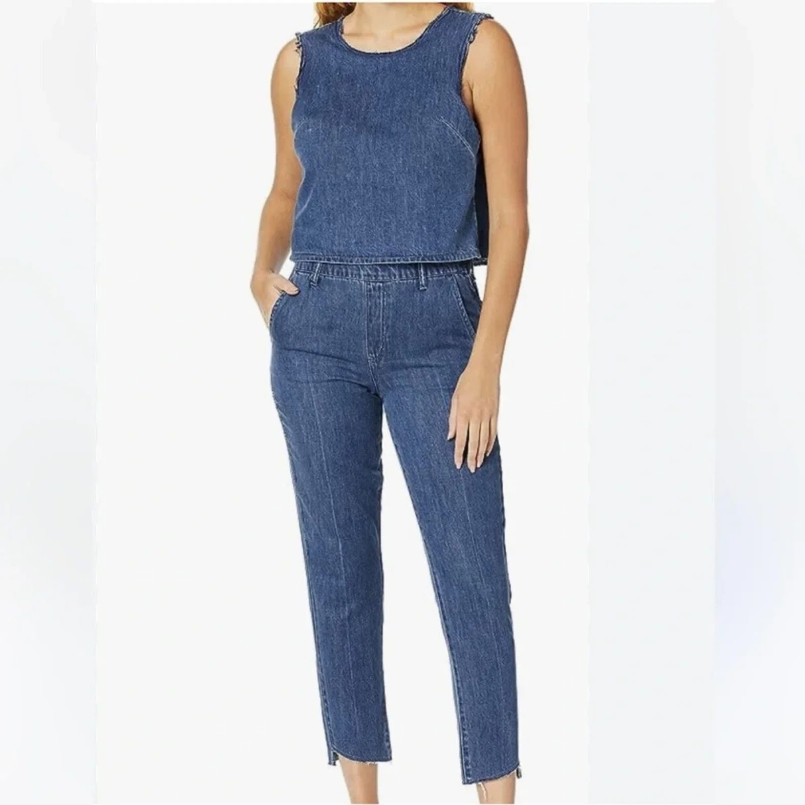 Ella Moss Denim Split Back Jumpsuit Raw Hem Sleeveless Minimal 90s Size 27 NWT