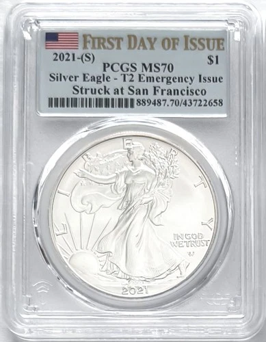 2021(S) SILVER EAGLE T2 SAN FRANCISCO MINT FIRST DAY OF ISSUE PCGS MS70 FLAG