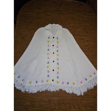 Vintage 60s 70s Collared Fringe Shawl Poncho Cape Floral Flowers one size B22