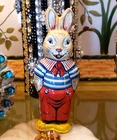 Vintage 1950s J Chein Wind Up Tin Toy Litho Walking Easter Bunny Rabbit Works