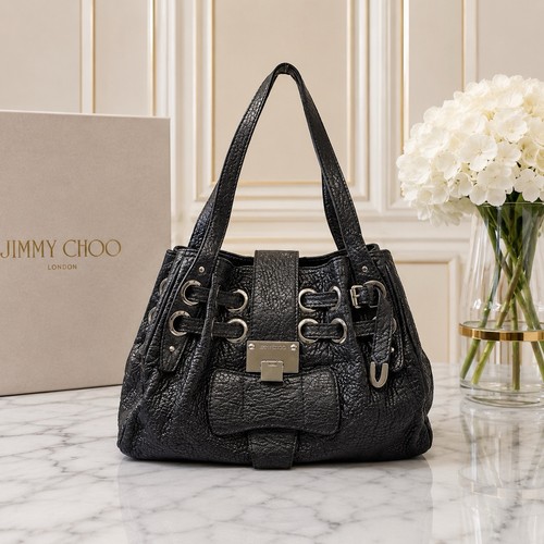 Authentic Jimmy Choo Black Pebbled Leather Eyelet Shoulder Hobo Bag