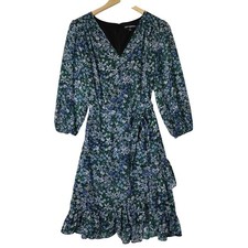 Karl Lagerfeld Paris Floral Wrap Dress Womens Size 12 Blue Green Ruffle Hem