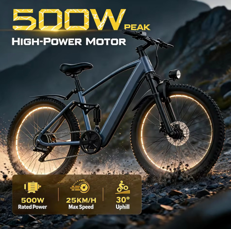 (New) 500W e bike w/ pedal assist and fat tires, 58km range, All Terrain (999.00 USD)