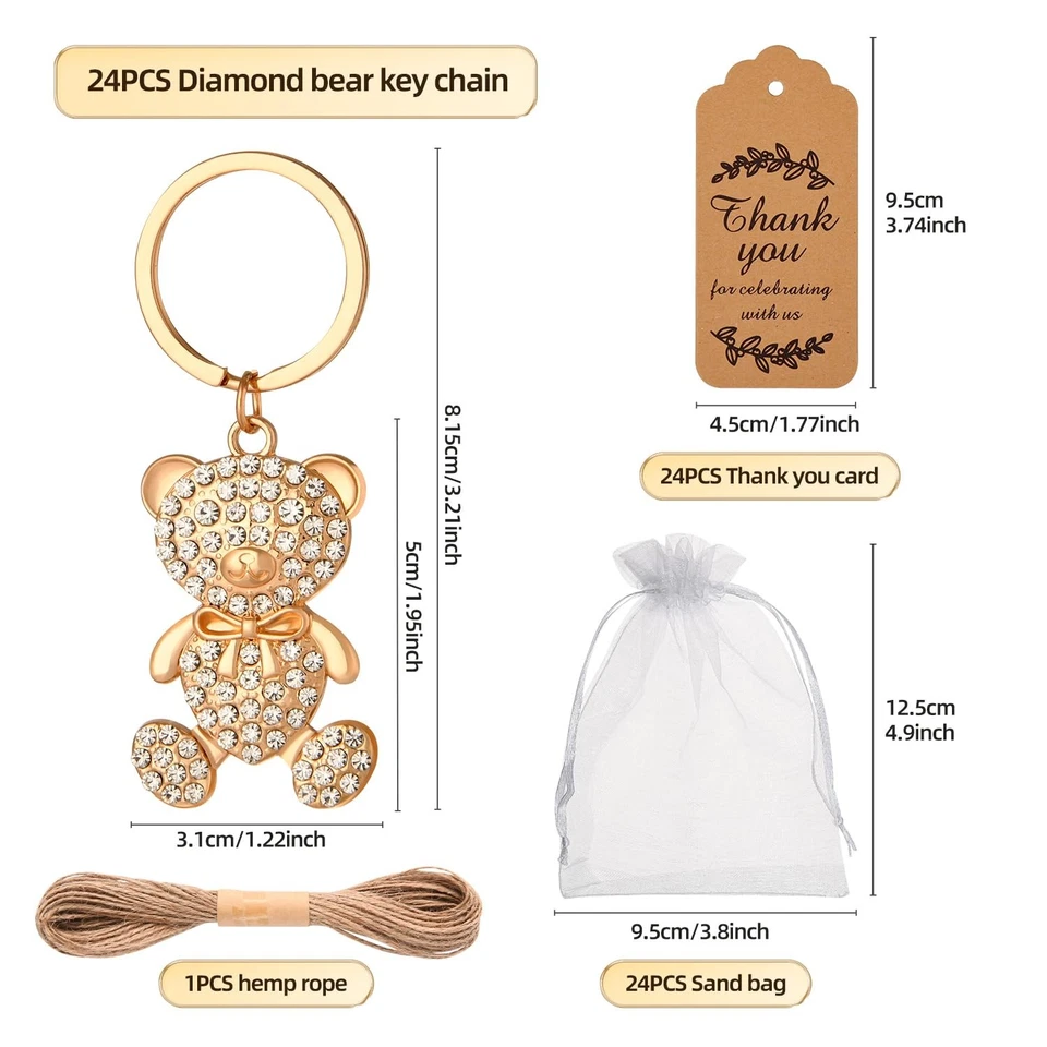 Llavero de oso pequeño de diamantes de 24 piezas, con bolsas de organza blancas etiquetas de agradecimiento y... Foto 2 de 4