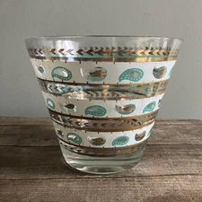 Gay Fad Ice Bucket Turquoise White 22k Gold Signed Paisley MCM 5” Height 6” Wide