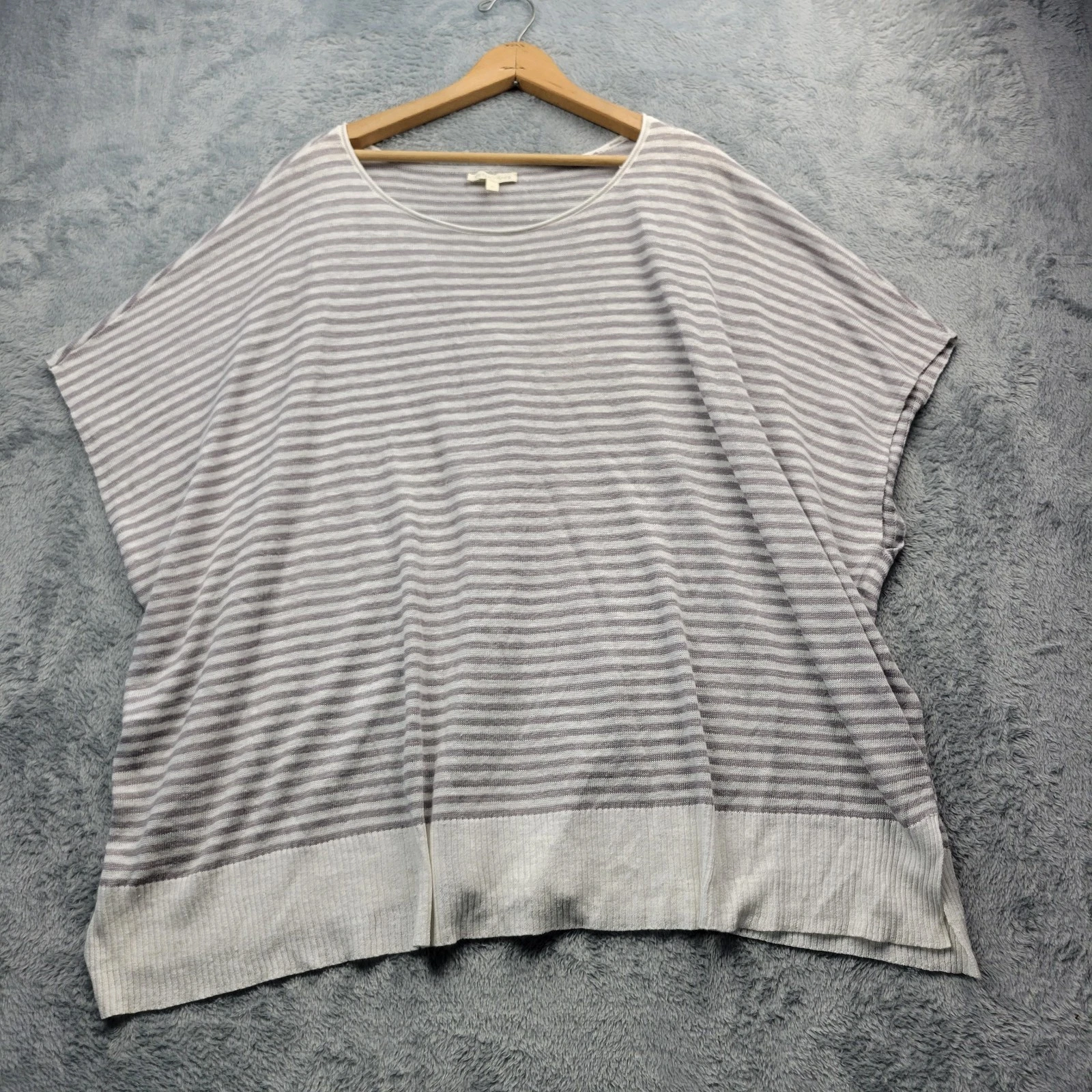 Eileen Fisher Womens 100% Linen Poncho Sweater Size XL Striped Boxy *READ