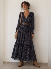 Madewell Floral Long Sleeve Tiered Midi Dress Women’s Black Pink Boho - Small