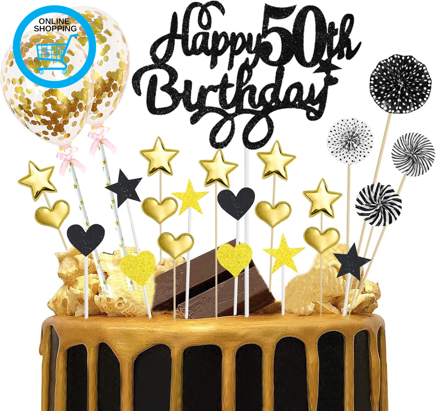 Happy 50Th Birthday Cake Toppers Black Gold Glitter Happy Birthday Cake Topper 5