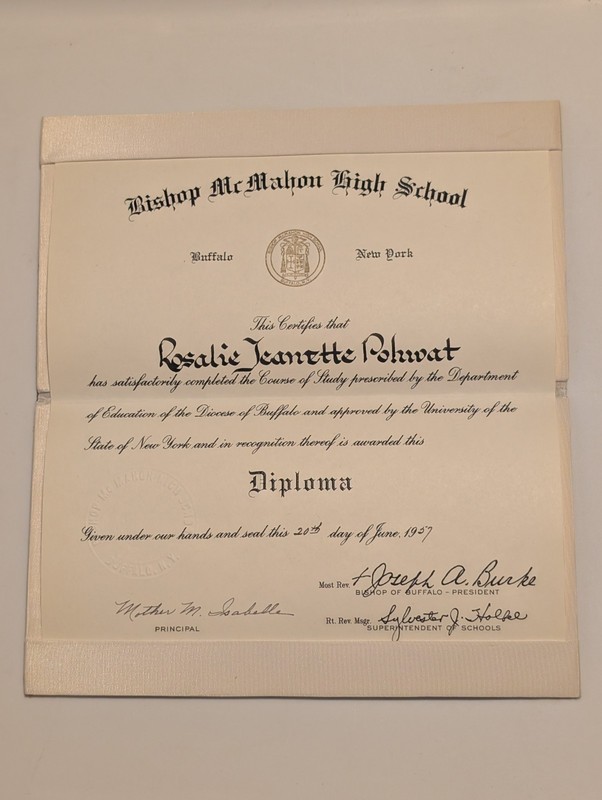 1957 Bishop Mcmahon High School Diploma Buffalo New York 