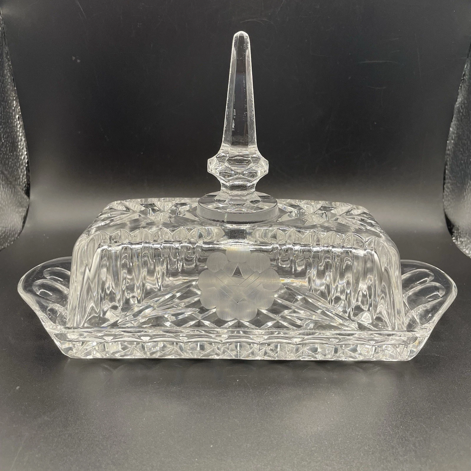 Vintage Glass Butter Dish with Spire Finial Lid and Frosted Flower Detail
