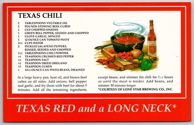 Vintage Texas Chili Recipe Postcard Lone Star Beer John Hinde Curteich