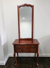Vintage Queen Anne Entryway Table With Lockable Drawer And Separate Mirror